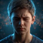 maak een afbeelding van een jongeren die last heeft van tinnitus. maak dit duidelijk met een visueel effect
