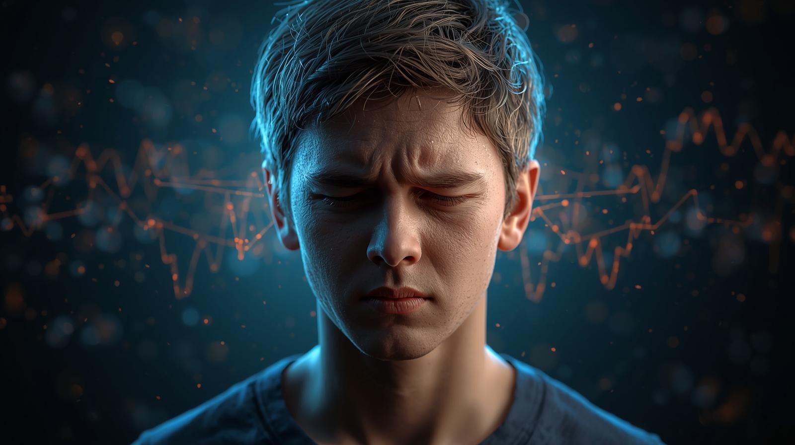 maak een afbeelding van een jongeren die last heeft van tinnitus. maak dit duidelijk met een visueel effect